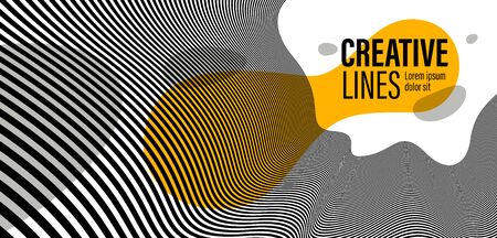 Abstract vector 3D lines with yellow fluid splat background, black and white curves linear perspective dimensional optical pattern.のイラスト素材