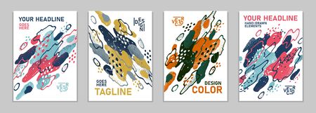 Hand drawn art vector covers abstract backgrounds set, artistic graphic design brochures flyers or booklets, advertising colorful posters, grunge textured abstraction shapes templates collection.のイラスト素材