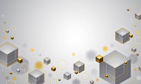 Cubes with golden elements lines and dots vector abstract background with copy space, 3D abstraction vip luxury style, geometric design, technology and science theme.のイラスト素材