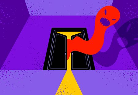 Nightmare monster comes into dark room bedroom vector stylish illustration, funny cartoon ghost creature frightening looking inside, horror theme drawing.のイラスト素材