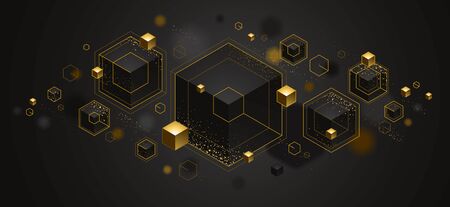 Abstract vector design with cluster of 3D cubes with golden elements vector design, luxury color style, jewelry classy elegant geometric design, shiny gold realistic abstraction.