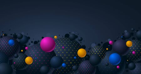 Abstract black and color dotted spheres vector background with copy space, composition of flying balls decorated with dots, 3D mixed globesのイラスト素材