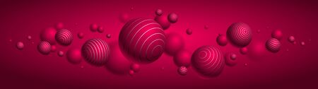 Abstract spheres vector background, composition of flying balls decorated with lines, 3D mixed realistic globes, realistic depth of field effect.のイラスト素材