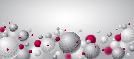 Abstract spheres vector background with blank copy space, composition of flying balls decorated with lines, 3D mixed realistic globes, realistic depth of field effect.のイラスト素材