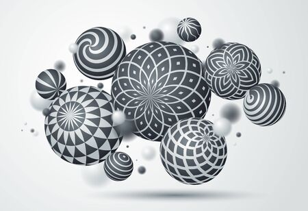 Abstract spheres vector background, composition of flying balls decorated with patterns, 3D mixed variety realistic globes with ornaments, realistic depth of field effect.のイラスト素材
