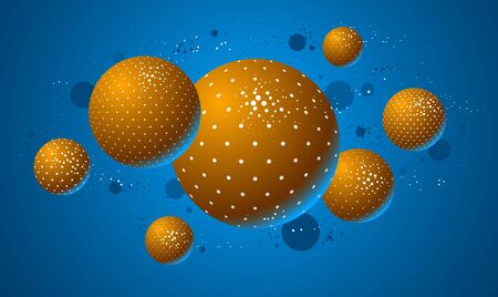 Abstract colorful dotted spheres vector background, composition of flying balls decorated with dots, 3D mixed globesのイラスト素材