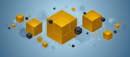 Cubes cluster with yellow and blue elements lines and dots vector abstract background, 3D abstraction geometric design, technology and science theme.のイラスト素材