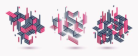 Polygonal low poly vector abstract designs set, artistic retro style backgrounds for ads or prints, covers or posters, banners or cards. Linear 3D triangles and cubes elements.のイラスト素材