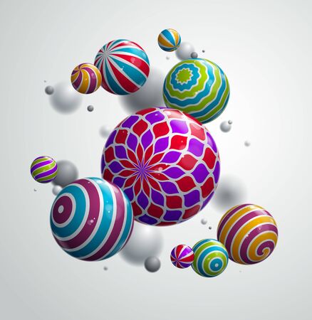 Abstract realistic glossy spheres vector background, composition of flying balls decorated with patterns, 3D mixed lined globes, depth of field effect.のイラスト素材