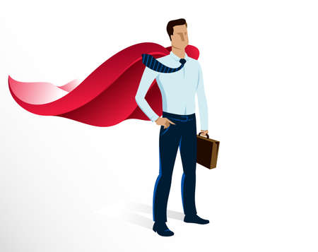 Businessman superhero vector illustration, young handsome business man standing brave and strong, leadership concept, success allegory, problems solving.のイラスト素材