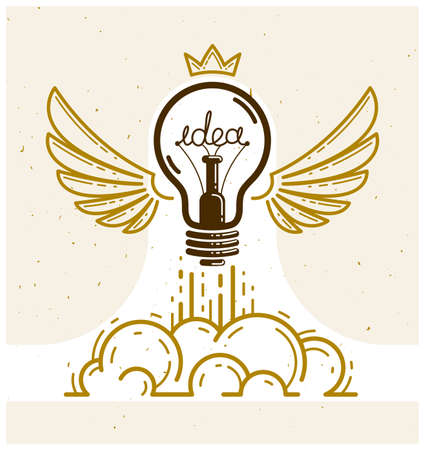 Idea light bulb with wings launching like a rocket vector linear logo or icon, creative idea startup, science invention or research lightbulb, new business start.のイラスト素材