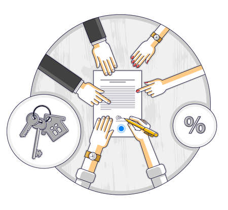 Man signs bank mortgage hypothec for real property house buying and employee explains terms of loan credit, top view of desk with people hands and paper documents. Vector illustration.のイラスト素材