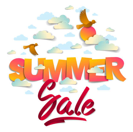 Summer sale banner advertising design layout with birds sun and clouds in the sky, papercut and ribbon words vector modern style cartoon paper cut 3d illustration.のイラスト素材