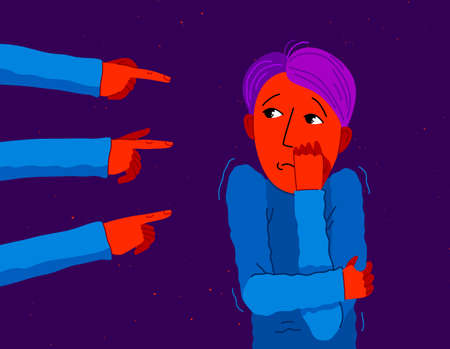 Shaming and blaming vector concept, hand pointing finger on young man feeling uncomfortable and scared, discrimination problem of cruel and intolerant behavior in social groups.のイラスト素材