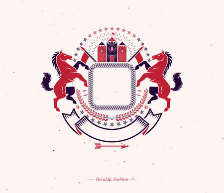 Graphic vintage emblem with horse animal element, medieval tower and red decorative ribbon.Heraldic vector design element. Retro style label, heraldry logo.のイラスト素材