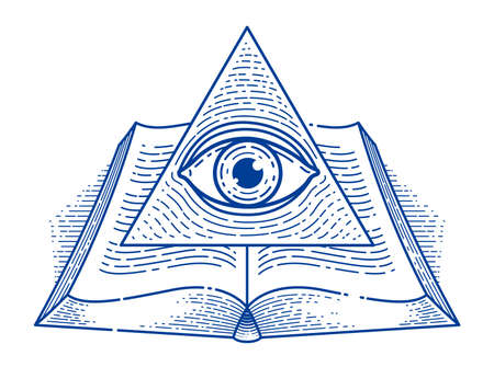 Secret knowledge vintage open book with all seeing eye of god in sacred geometry triangle, insight...