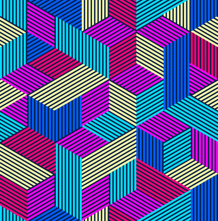 Geometric 3D seamless pattern with lined cubes, stripy boxes blocks vector background, architecture and construction, wallpaper design.のイラスト素材