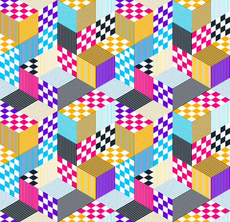 3D cubes seamless pattern vector background, rhombus and triangles dimensional blocks, architecture and construction, geometric design.のイラスト素材