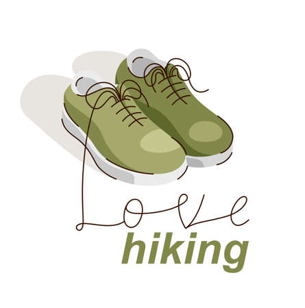 Sneakers with lettering vector concept illustration of hiking or travel, active lifestyle, outdoor trip.のイラスト素材