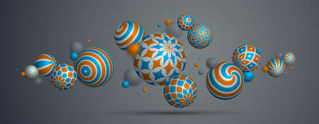 Abstract spheres vector background, composition of flying balls decorated with patterns, 3D mixed...
