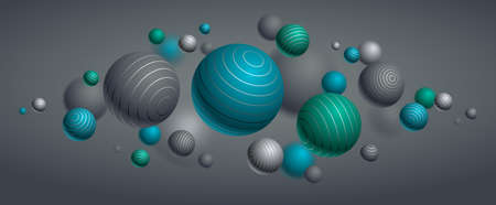 Abstract spheres vector background, composition of flying balls decorated with lines, 3D mixed realistic globes, realistic depth of field effect.のイラスト素材
