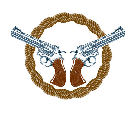 Two crossed handguns vector emblem or logo isolated on white, vintage style coat of arms crest, weapons, army force or gang sign.のイラスト素材