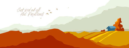 Beautiful scenic nature landscape vector illustration autumn season with grasslands meadows hills and mountains, fall hiking traveling trip to the countryside concept.のイラスト素材