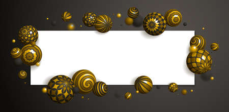 Abstract gold spheres vector background with blank paper sheet, composition of flying balls decorated with patterns, 3D mixed variety realistic globes with ornaments, depth of field effect.のイラスト素材