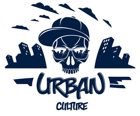 Skull in sunglasses and hat, urban theme vector logo or emblem, gangster or thug illustration, anarchy chaos hooligan, ghetto theme.のイラスト素材