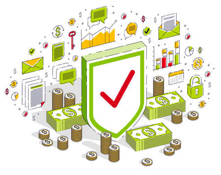 Protection of finances concept, Life Buoy and Shield with cash money dollar stack isolated on white background. Isometric 3d vector finance illustration with icons, stats charts and design elements.のイラスト素材