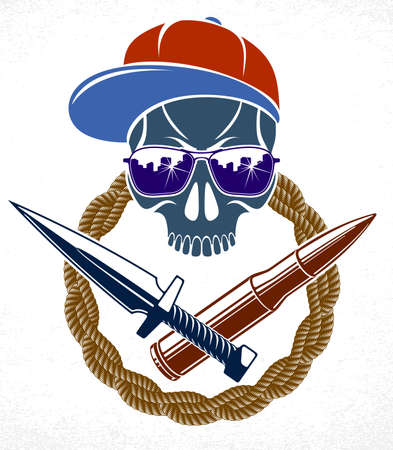 Anarchy and Chaos aggressive emblem or logo with wicked skull, vector vintage scull tattoo, rebel gangster criminal and revolutionary.のイラスト素材