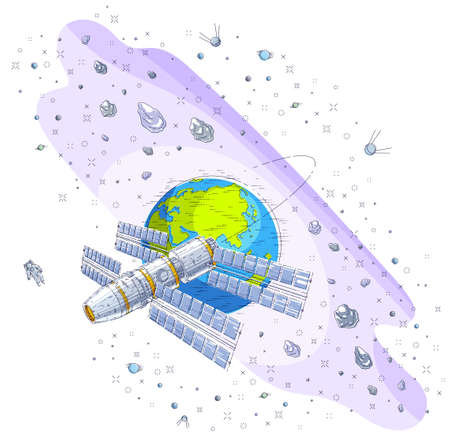 Space station flying orbital spaceflight around earth, spacecraft spaceship iss with solar panels, artificial satellite, under asteroid rain and stars. Thin line 3d vector illustration.のイラスト素材