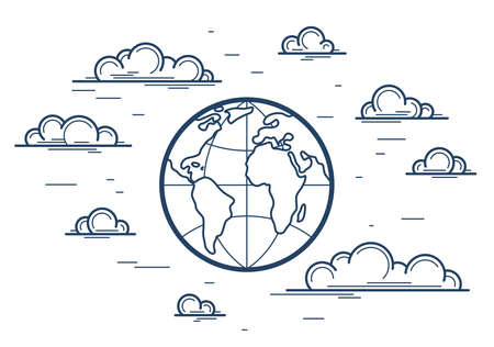 Earth planet in clouds vector linear icon, geography and gps line art symbol.のイラスト素材