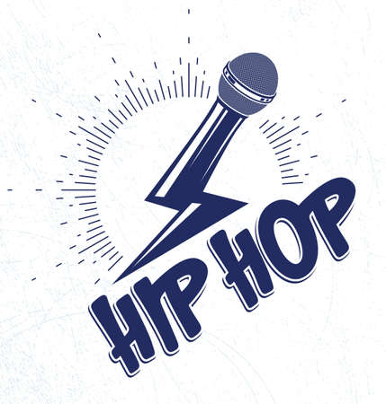 Rap music vector  emblem with microphone in a shape of lightning bolt, Hip Hop rhymes festival concert or night club party label, t-shirt print.のイラスト素材