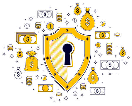 Shield and dollar set of icons, financial security concept, armor business defender, finance...