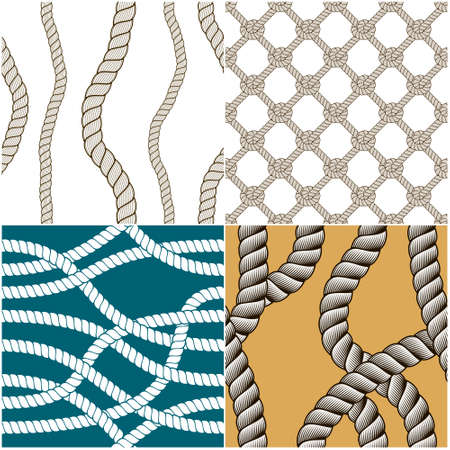 Seamless patterns rope woven vectors set, abstract illustrative backgrounds collection. Endless navy illustrations with fishing net ornament and marine knots. Usable for fabric, wallpaper, wrapping, web and print.のイラスト素材