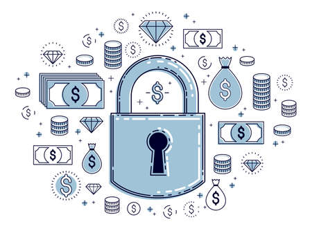 Padlock lock surrounded by dollar money icons set, electronic money protection concept, savings insurance, safe business, personal account password, vector design.のイラスト素材