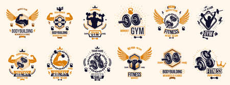 Fitness sport emblems or posters with barbells dumbbells kettle bells and muscle man silhouettes vector set, athletic workout active lifestyle theme, sport club or competition awards.のイラスト素材