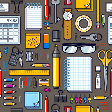 Work office desk top view with a lot of different stationery elements seamless vector wallpaper,...