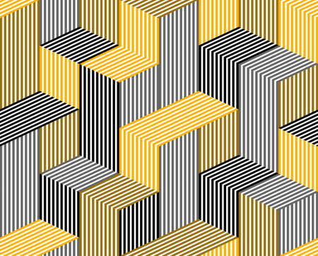 3D dimensional lined cubes seamless pattern, geometric endless texture with lines and boxes, architecture theme, black and yellow graphic design background image.のイラスト素材