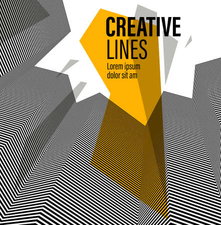 3D black and white lines in perspective with yellow elements abstract vector background, linear perspective pattern op art.のイラスト素材