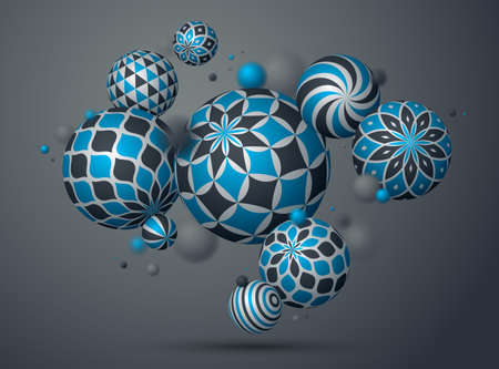 Abstract spheres vector background, composition of flying balls decorated with patterns, 3D mixed variety realistic globes with ornaments, realistic depth of field effect.のイラスト素材