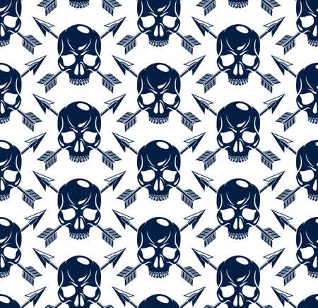 Black skulls seamless vector background, endless pattern with horror death sculls, stylish wallpaper of hard rock culture music fashion theme, gothic image.のイラスト素材