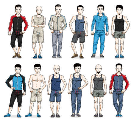 Handsome men in sport wear standing and posing vector illustrations big set isolated on white, attractive gorgeous males in full length people characters collection slim perfect athletic body.のイラスト素材