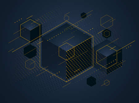 Abstract vector design with cluster of black 3D cubes with golden elements vector background, royal elite luxury geometric illustration, can be used for modern jewelry ad.のイラスト素材