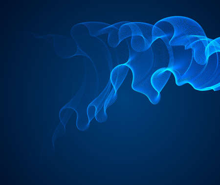 Vector abstract background with magic wave of flowing particles over dark, smooth curve shape lines, transparent tulle textile on wind. 3d shape dots magic blended mesh.のイラスト素材