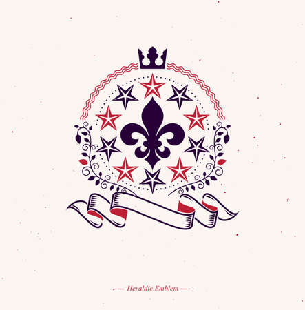 Retro vintage Insignia composed using lily flower, imperial crown and pentagonal stars. Vector royal quality idea design element, Fleur-De-Lis.のイラスト素材