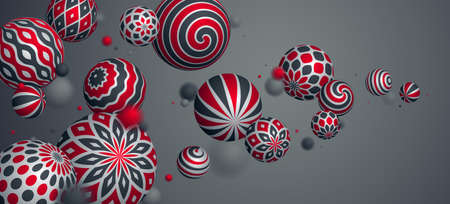 Realistic decorated spheres vector illustration, abstract background with beautiful balls with...