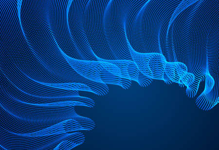 3d magic particles mesh array over dark, sound wave flowing, transparent tulle textile on wind. Round points vector effect illustration. Blended mesh, calming relaxing wallpaper.のイラスト素材