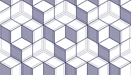 Geometric cubes abstract seamless pattern, 3d vector background. Technology style engineering line...